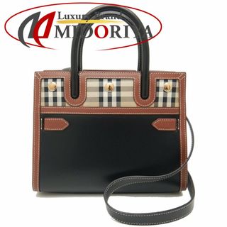 BURBERRY - BURBERRY バーバリー 8025266 ベビータイトル 2WAY トートバッグ チェック レザーxキャンバス ブラック ベージュ/251643【中古】