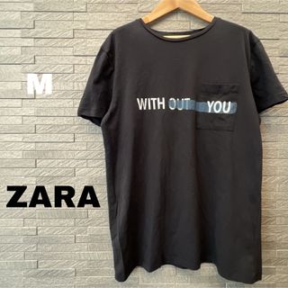 ザラ(ZARA)のザラ ZARA 半袖Tシャツ M トップス シンプル ネイビー 紺 ロゴプリント(Tシャツ/カットソー(半袖/袖なし))