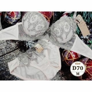 037★D70 M★ブラショーツセット オーナメント刺繍＆リボン グレー(ブラ&ショーツセット)