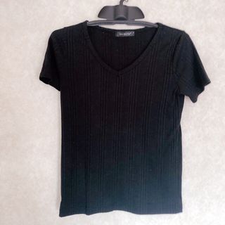 リブ Vネック シンプルTシャツ 黒 ブラック(Tシャツ(半袖/袖なし))