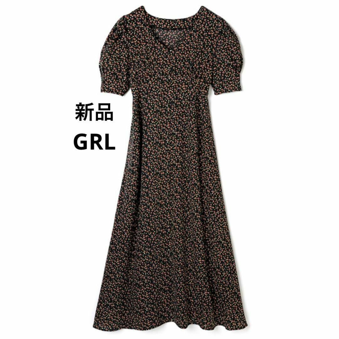 GRL(グレイル)の新品 GRL 花柄ボリュームスリーブバックレースアップロングワンピース 黒色 レディースのワンピース(ロングワンピース/マキシワンピース)の商品写真