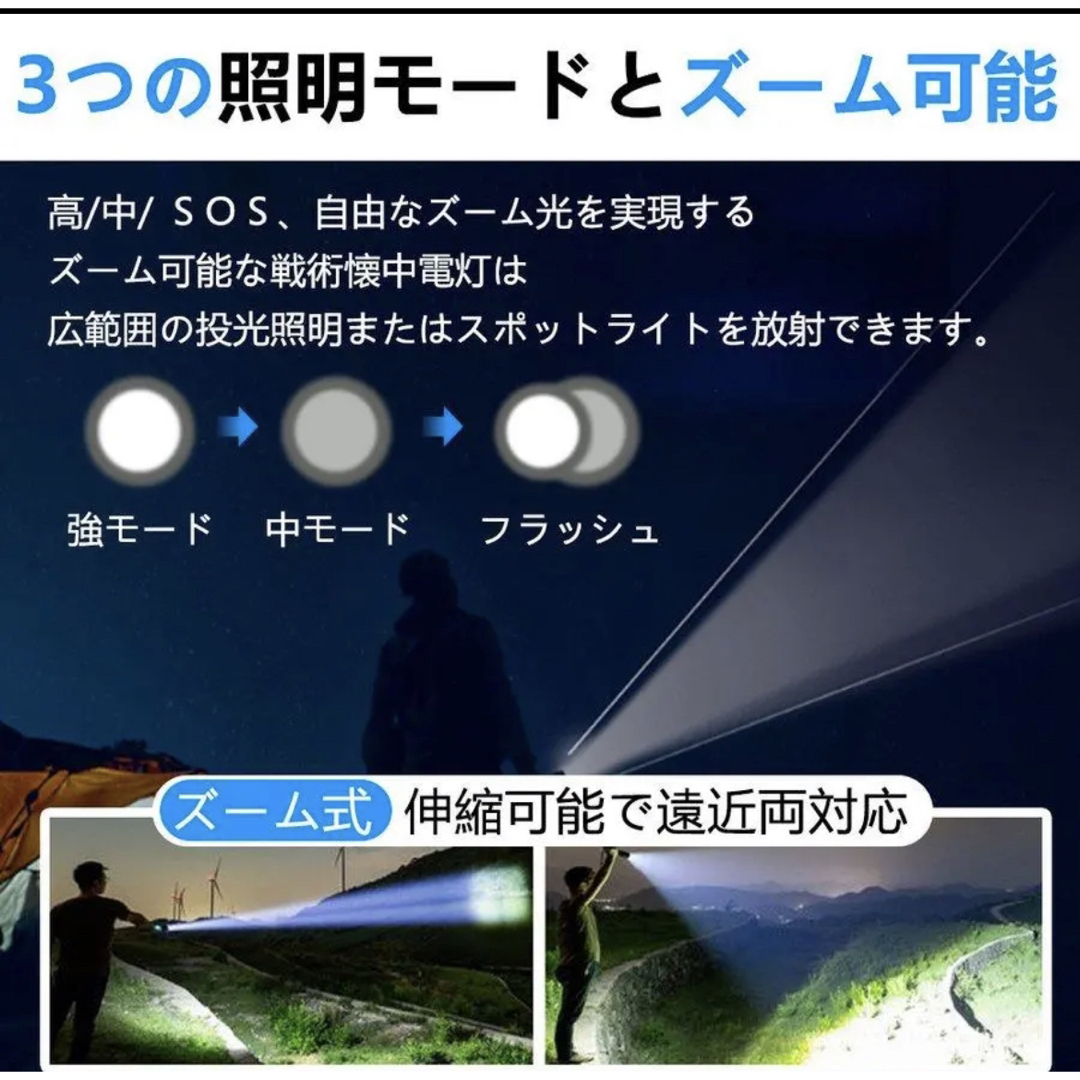 ズーミングライト 強力照射 LEDライト 超小型 USB充電式 爆光 懐中電灯 インテリア/住まい/日用品の日用品/生活雑貨/旅行(防災関連グッズ)の商品写真