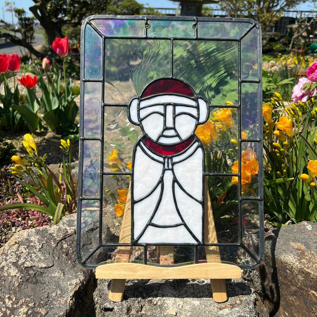 昭和レトロ 40.5cm×29.5㎝ ステンドグラス アンテーク パネル お地蔵 昭和レトロ 40.5cm×29.5㎝ ステンドグラス アンテーク パネル お地蔵
