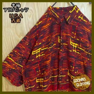 メンズ 派手 柄シャツ USA古着 レッド 半袖 アロハ シャツ 総柄 ハワイ(シャツ)