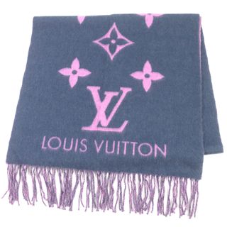 ルイヴィトン(LOUIS VUITTON)の美品▼LOUIS VUITTON ルイヴィトン 2017年製 M70463 エシャルプ・レイキャビック カシミヤ100% フリンジ付き マフラー ピンク ネイビー イギリス製 正規品 レディース(マフラー/ショール)