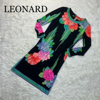 レオナール(LEONARD)のLEONARD ロングワンピース 長袖 黒 花柄 総柄 46サイズ シルク(ひざ丈ワンピース)