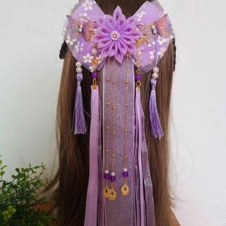 豪華中華風ヘアアクセサリーリボンタッセル和装コスプレ袴紫ゴージャス大人かわいい春(ヘアピン)