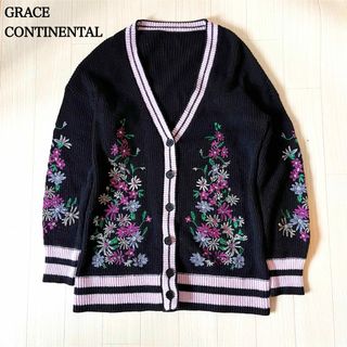 グレースコンチネンタル(GRACE CONTINENTAL)のグレースコンチネンタル　マルチフラワーニットカーディガン　刺繍　花　(カーディガン)