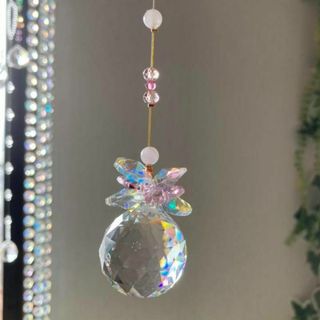 ☆天然石*ローズクォーツ+スワロビーズ☆サンキャッチャー30mm☆幸運◎虹色(モビール)