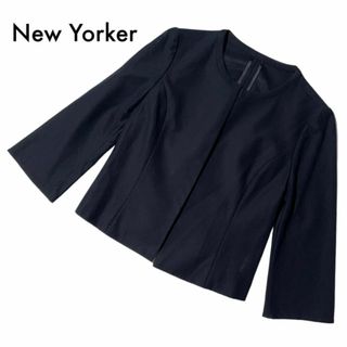 NEWYORKER - 美品 ニューヨーカー ノーカラージャケット ネイビー 9号 M 7分袖 コットン