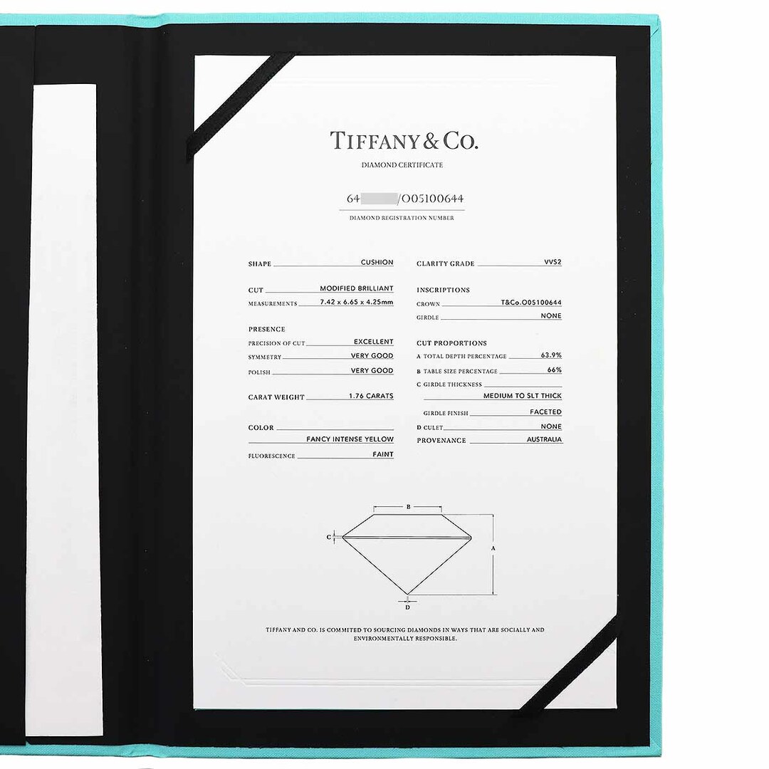 TIFFANY&Co. ティファニー ファンシーインテンスイエロー クッションカット ダイヤモンド(1.76ct FIY-VVS2-Ex)ノヴォ リング Pt950 プラチナ 750 K18 YG イエローゴールド 約8号 #48 鑑定書【送料無料】指輪【中古】24080331 レディースのアクセサリー(リング(指輪))の商品写真