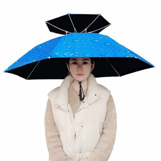 【色: ブルー・ブラック】ZEWZE かぶる傘 ハンズフリー レジャーハット 帽(その他)