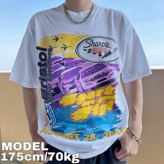 フルーツオブザルーム(FRUIT OF THE LOOM)のフルーツオブザルーム プリントTシャツ レーシングTシャツ XL 白 黄色(Tシャツ/カットソー(半袖/袖なし))