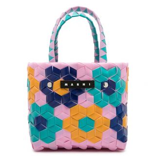 マルニ(Marni)の新品　マルニマーケット　サンフラワー　マイクロミニバスケット　ウーブン　ピンク花(かごバッグ/ストローバッグ)