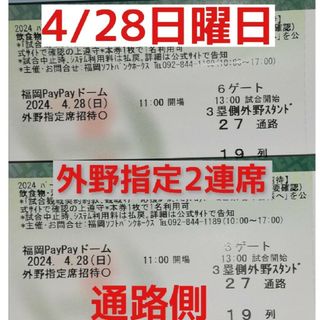 福岡ソフトバンクホークス - 4/28日曜日 ソフトバンクホークス対西武ライオンズ　外野指定　通路側から2連席