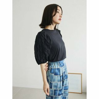 グリーンパークス(green parks)の【ブラック】SUGAR SPOON フハクドットスリーブTEE 24SS/半袖/ボリューム袖/ドッキング/異素材/クルーネック(カットソー(長袖/七分))