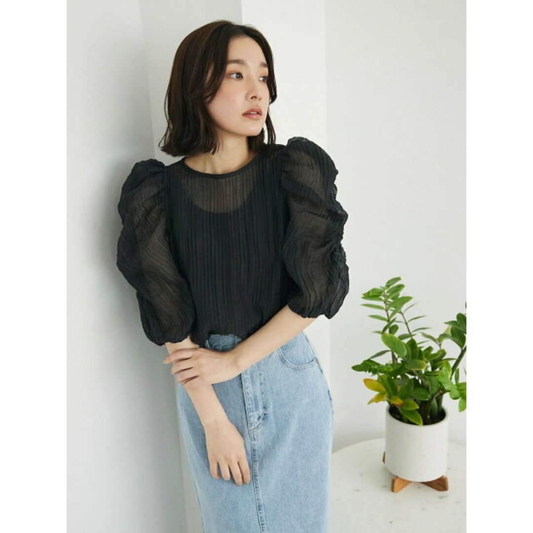 green parks(グリーンパークス)の【ブラック】AND SEARCH シアーパワーショルダーブラウス 24SS/透け感/五分袖/レディース/夏 レディースのトップス(シャツ/ブラウス(長袖/七分))の商品写真