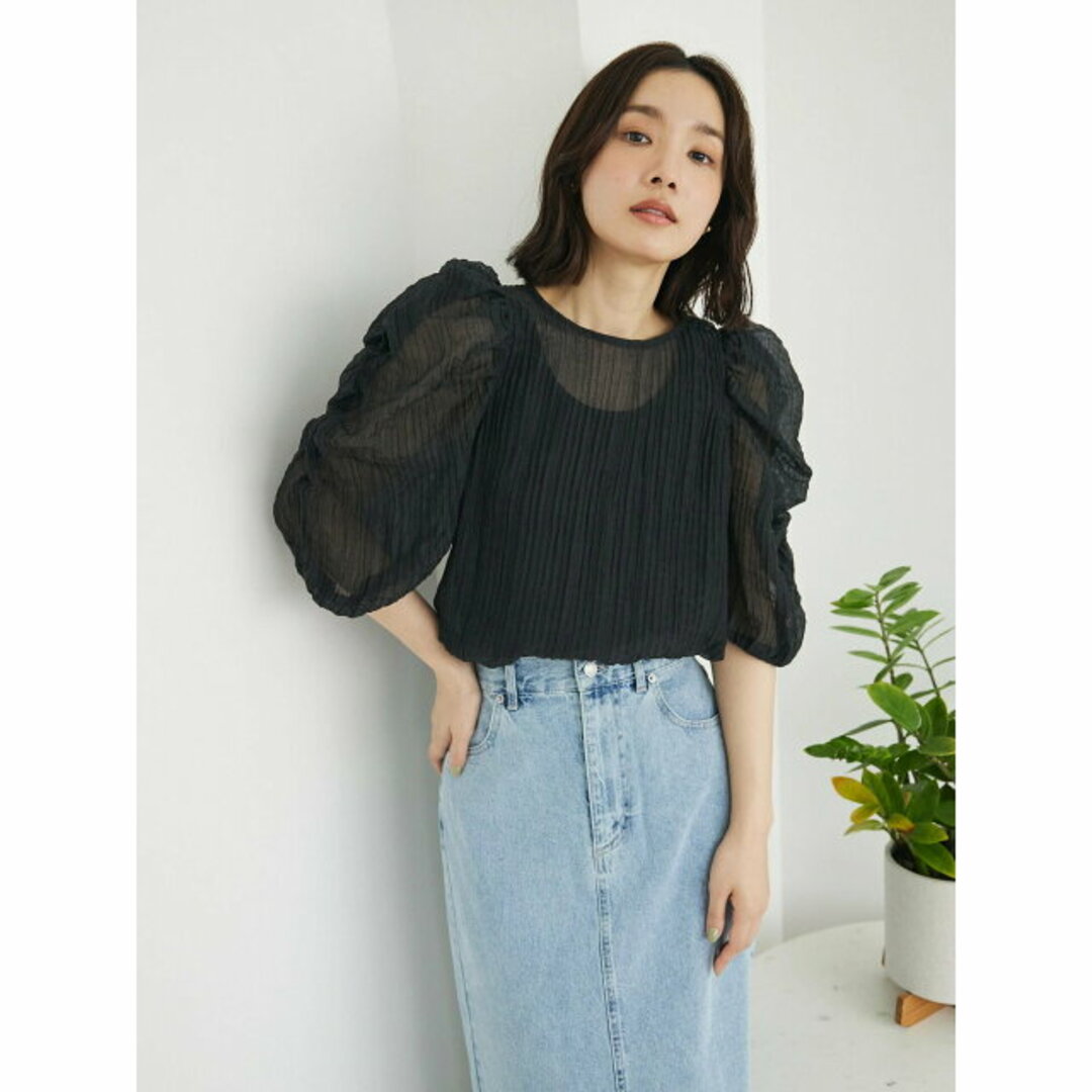 green parks(グリーンパークス)の【ブラック】AND SEARCH シアーパワーショルダーブラウス 24SS/透け感/五分袖/レディース/夏 レディースのトップス(シャツ/ブラウス(長袖/七分))の商品写真