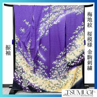 振袖セット　襦袢　金駒刺繍　梅地紋　パープル　紫色地　桜模様　着物　034w(その他)