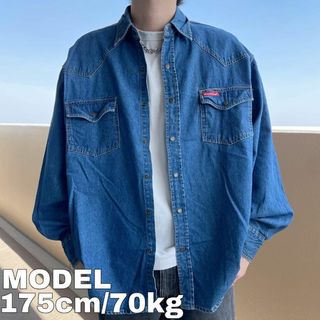 ディッキーズ(Dickies)のディッキーズ デニムシャツ Wポケット 長袖 XL ブルー 青 赤 8539(シャツ)