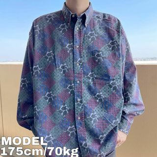 総柄シャツ ポケット付き ボタンダウンシャツ XL 緑 ブルー レッド 古着(シャツ)