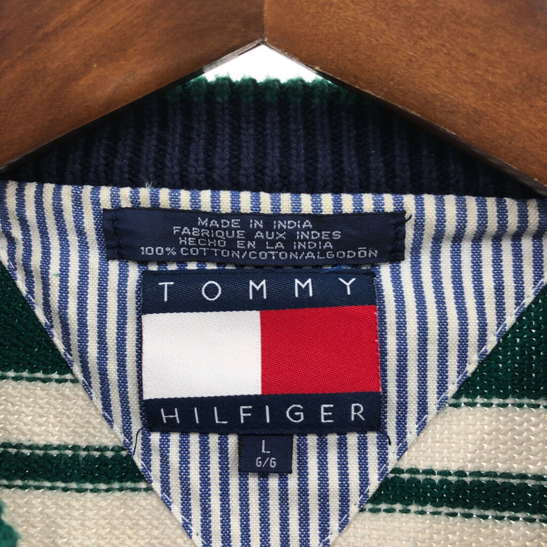 TOMMY HILFIGER(トミーヒルフィガー)のTOMMY HILFIGER トミーヒルフィガー コットンニット セーター ボーダー グリーン (メンズ L) 中古 古着 Q3048 メンズのトップス(ニット/セーター)の商品写真