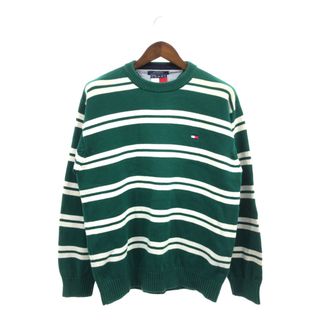 トミーヒルフィガー(TOMMY HILFIGER)のTOMMY HILFIGER トミーヒルフィガー コットンニット セーター ボーダー グリーン (メンズ L) 中古 古着 Q3048(ニット/セーター)