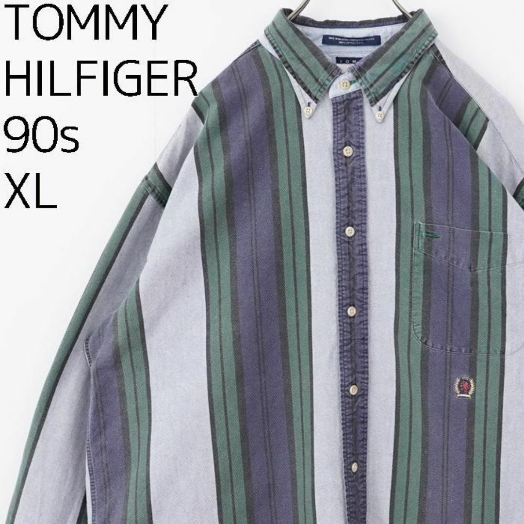 TOMMY HILFIGER(トミーヒルフィガー)のトミーヒルフィガー ストライプシャツ 長袖 フラッグタグ 90s XL 緑 紺 メンズのトップス(シャツ)の商品写真