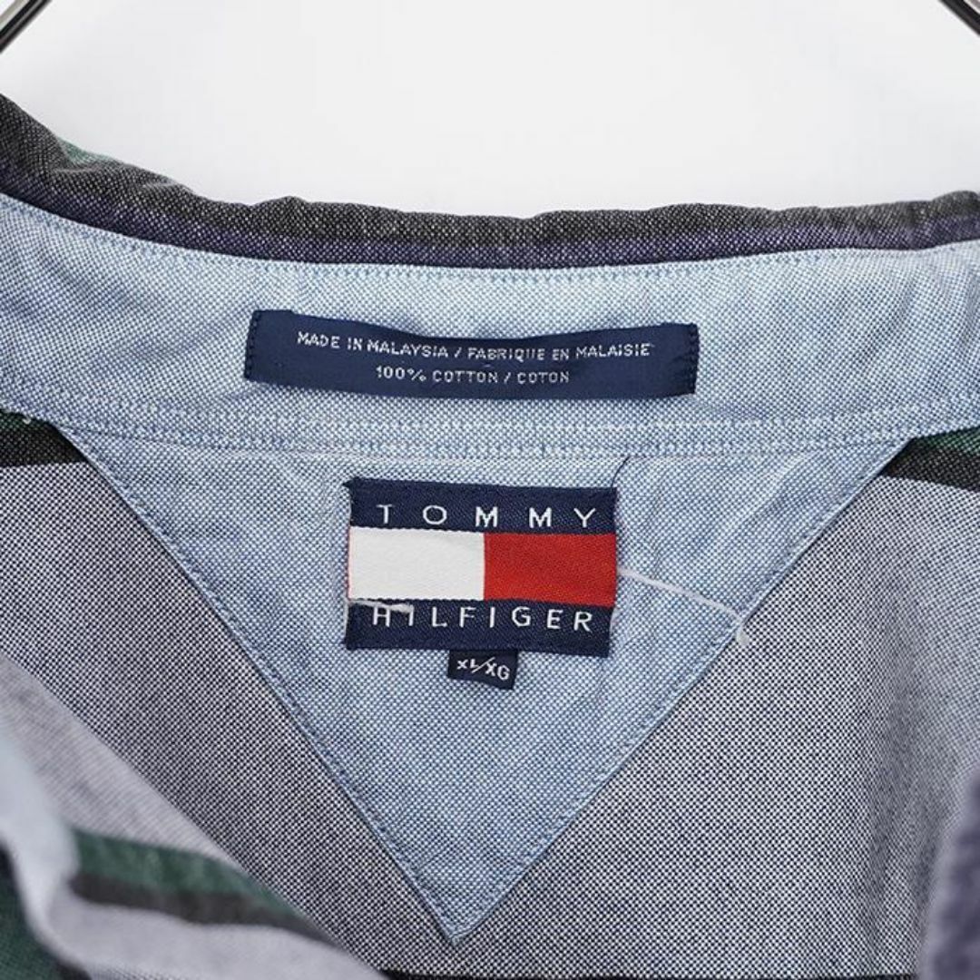 TOMMY HILFIGER(トミーヒルフィガー)のトミーヒルフィガー ストライプシャツ 長袖 フラッグタグ 90s XL 緑 紺 メンズのトップス(シャツ)の商品写真