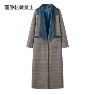 👛4月新作🧸14050◆チェック 柄 ベロア切り替え ロングコート(ロングコート)
