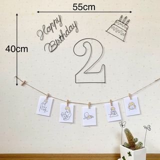 ワイヤークラフト　誕生日　ケーキ　写真　Happy Birthday 飾りアート(その他)