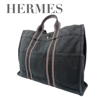 エルメス(Hermes)の美品 エルメス トートバッグ ストライプ ブラック フールトゥMM キャンバス(トートバッグ)
