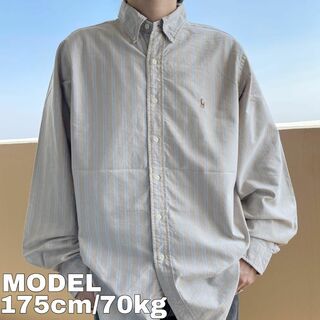ラルフローレン(Ralph Lauren)のラルフローレン ストライプシャツ BD 刺繍 XL 茶色 ベージュ 8651(シャツ)