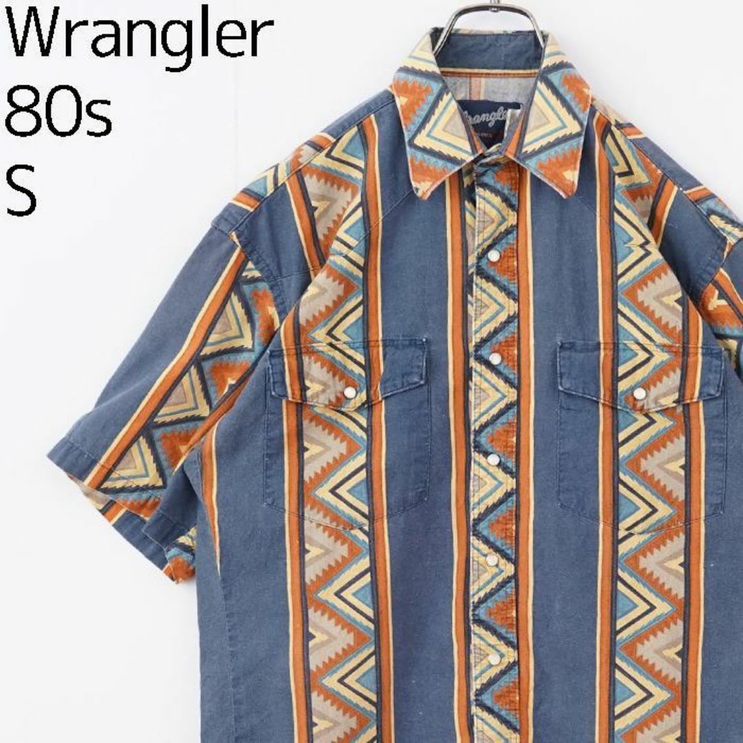 Wrangler(ラングラー)のラングラー 半袖シャツ ネイティブ柄 S 80s 青 オレンジ ポケット8543 メンズのトップス(シャツ)の商品写真