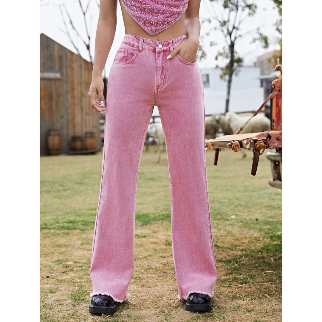ピンクデニム　ピンクパンツ デニム ジーンズ ストレッチ　フレアパンツ　春 レディースのパンツ(デニム/ジーンズ)の商品写真