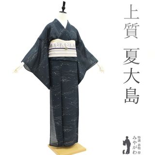 夏物 本場大島紬 夏大島 単衣 着物 正絹 黒グレー 露芝文様 カジュアル 中古 仕立て上がり 身丈163 裄64.5 Ｍサイズ みやがわ sb13981(着物)