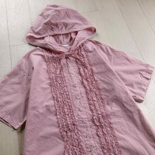 ピンクハウス(PINK HOUSE)のピンクハウス ピンク×白 綿ローン ピコフリル チェック柄 フード付き ブラウス(シャツ/ブラウス(半袖/袖なし))