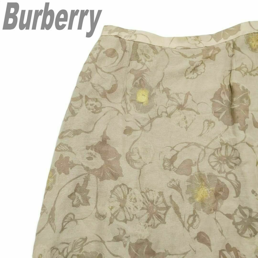 BURBERRY(バーバリー)のバーバリー フレアスカート 13号 花柄 総柄 リネン混合 スカート 大きめ 麻 レディースのスカート(ひざ丈スカート)の商品写真