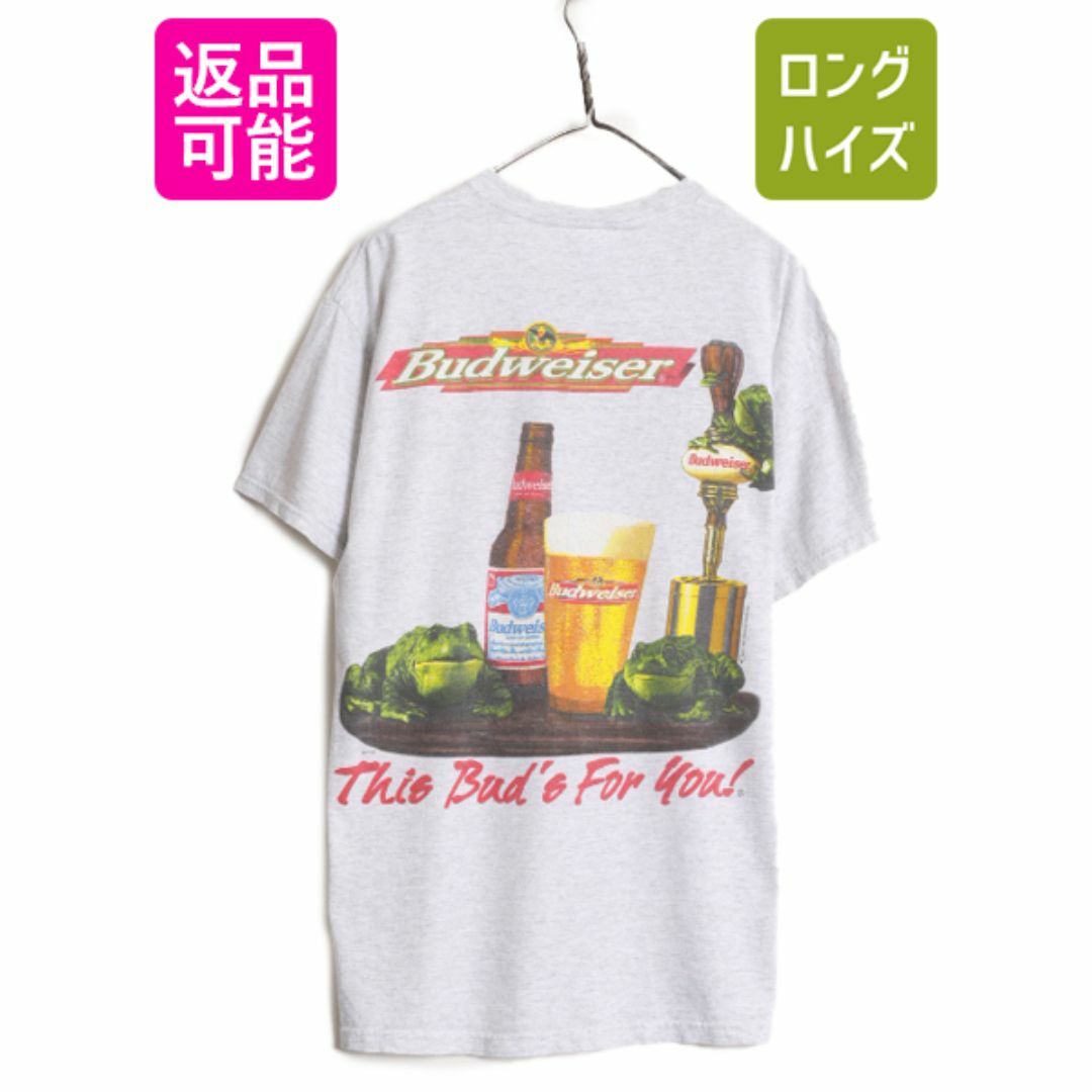 90s ★ バドワイザー カエル イラスト プリント Tシャツ メンズ L / 古着 90年代 オールド Budweiser オフィシャル ビール 企業 当時物 灰 メンズのトップス(Tシャツ/カットソー(半袖/袖なし))の商品写真