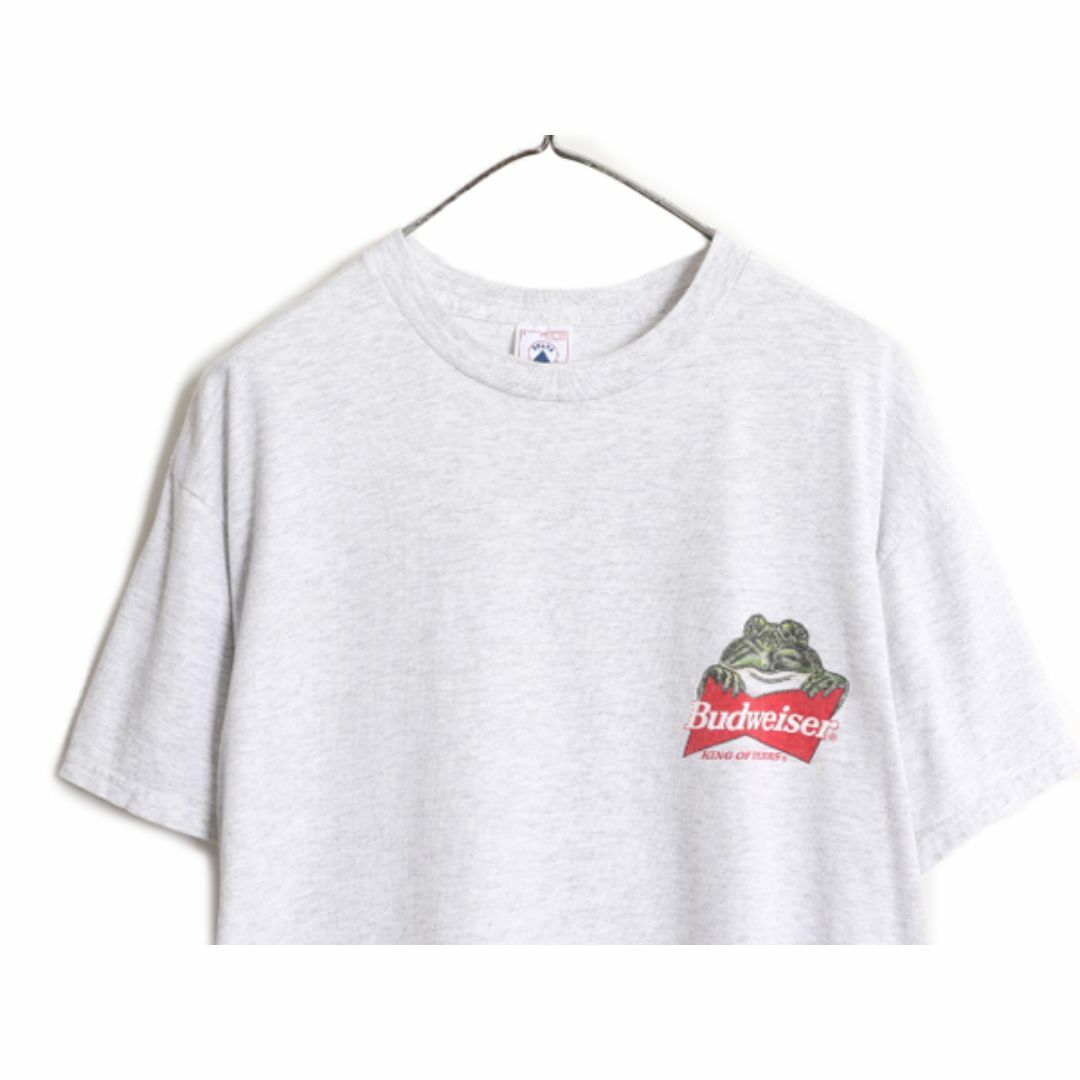 90s ★ バドワイザー カエル イラスト プリント Tシャツ メンズ L / 古着 90年代 オールド Budweiser オフィシャル ビール 企業 当時物 灰 メンズのトップス(Tシャツ/カットソー(半袖/袖なし))の商品写真