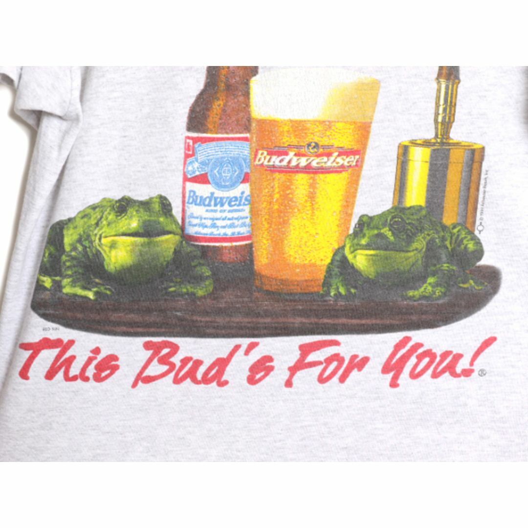 90s ★ バドワイザー カエル イラスト プリント Tシャツ メンズ L / 古着 90年代 オールド Budweiser オフィシャル ビール 企業 当時物 灰 メンズのトップス(Tシャツ/カットソー(半袖/袖なし))の商品写真