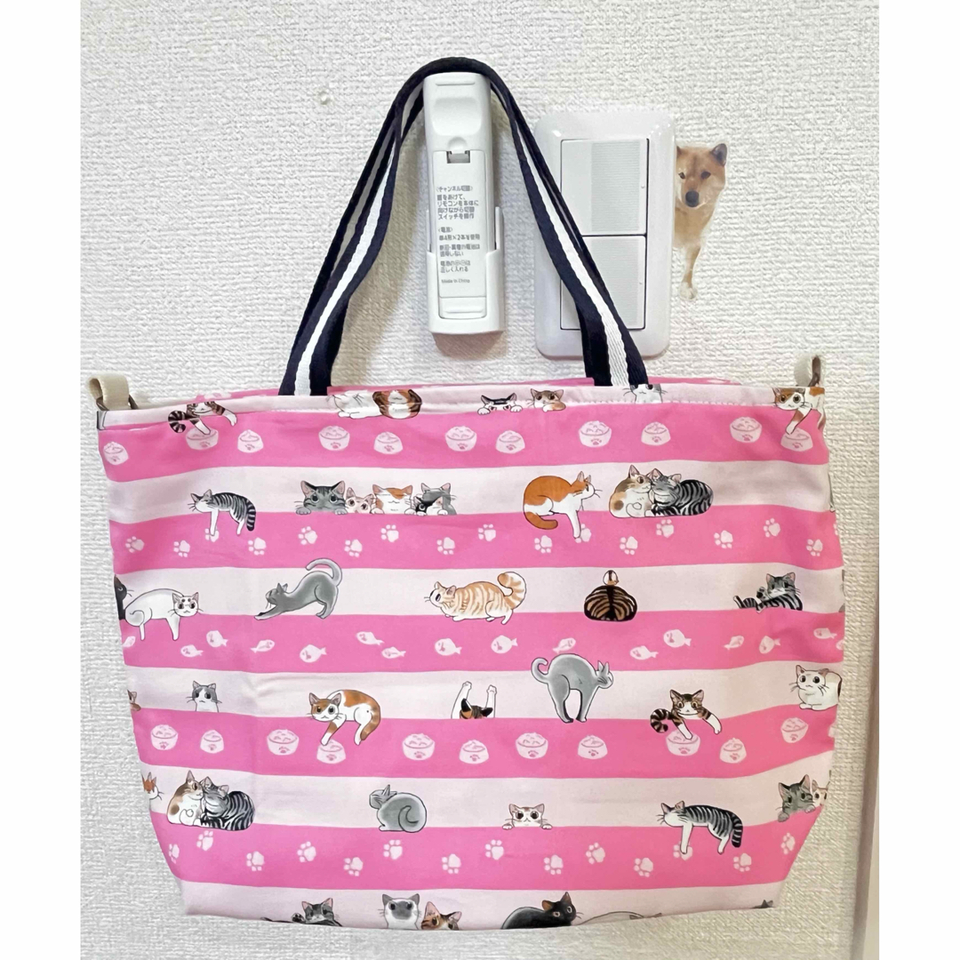 【ハンドメイド】2wayトートバッグ　猫柄　ピンクボーダー ハンドメイドのファッション小物(バッグ)の商品写真