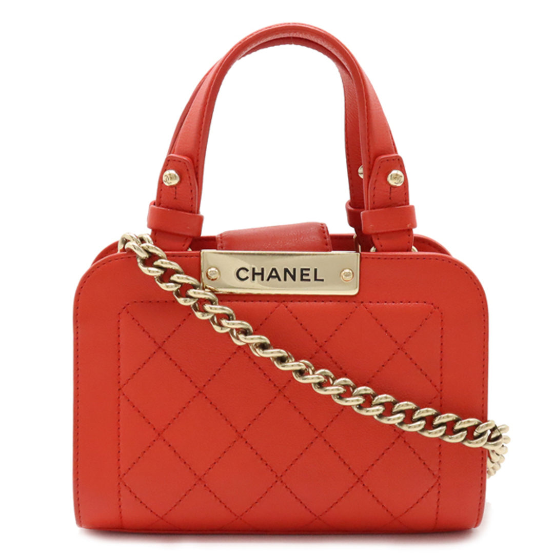 CHANEL - CHANEL シャネル マトラッセ ロゴプレート スモール ハンドバッグ ミニバッグ 2WAY チェーンショルダーバッグ レザー レッドオレンジ系 ゴールド金具