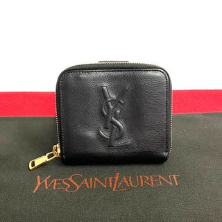 極美品 希少品 YVES SAINT LAURENT イヴサンローラン YSL ロゴ レザー 本革 ラウンドジップ 二つ折り 財布 ミニ ウォレット ブラック 47648