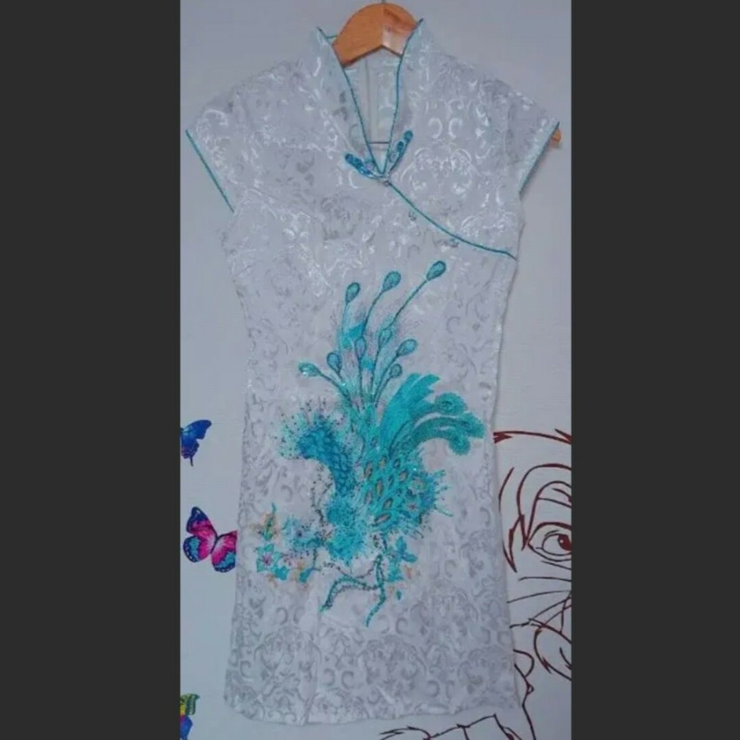 高級 チャイナドレス ブルーミニ 刺繍 美品 レディースのワンピース(ひざ丈ワンピース)の商品写真