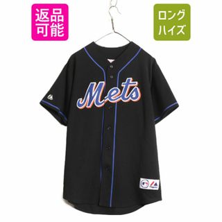 MLB オフィシャル Majestic メッツ ベースボール シャツ メンズ XL 程 古着 ユニフォーム ゲームシャツ メジャーリーグ 半袖シャツ 廃盤 黒(ウェア)