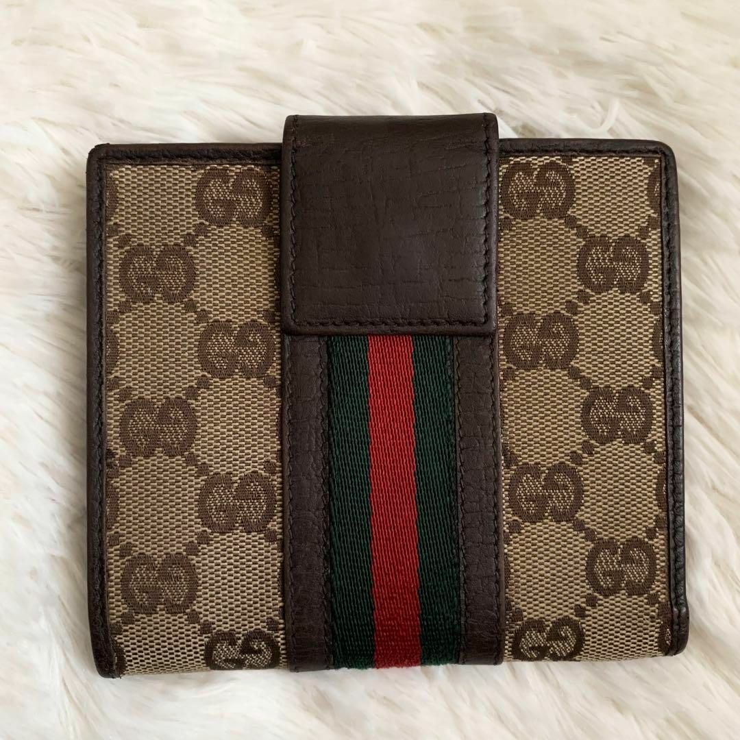 美品✨GUCCI 折り財布 ロゴ金具 シェリーライン GG柄 金具 二つ折り 美品✨GUCCI 折り財布 ロゴ金具 シェリーライン GG柄 金具 二つ折り