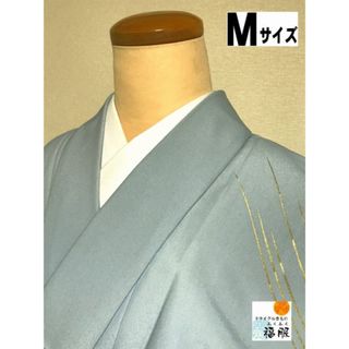 【中古】付け下げ 化繊 ブルーグレー地に束ね熨斗模様 単衣 裄68cm Mサイズ(着物)