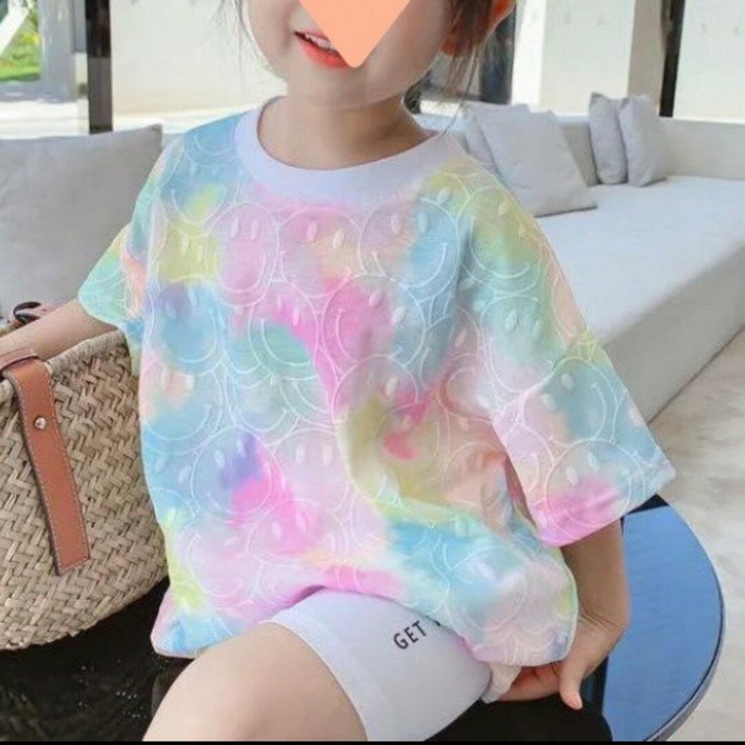 Tシャツ キッズ 110cm レインボー パープル トップス ニコちゃん 韓国風 キッズ/ベビー/マタニティのキッズ服女の子用(90cm~)(Tシャツ/カットソー)の商品写真