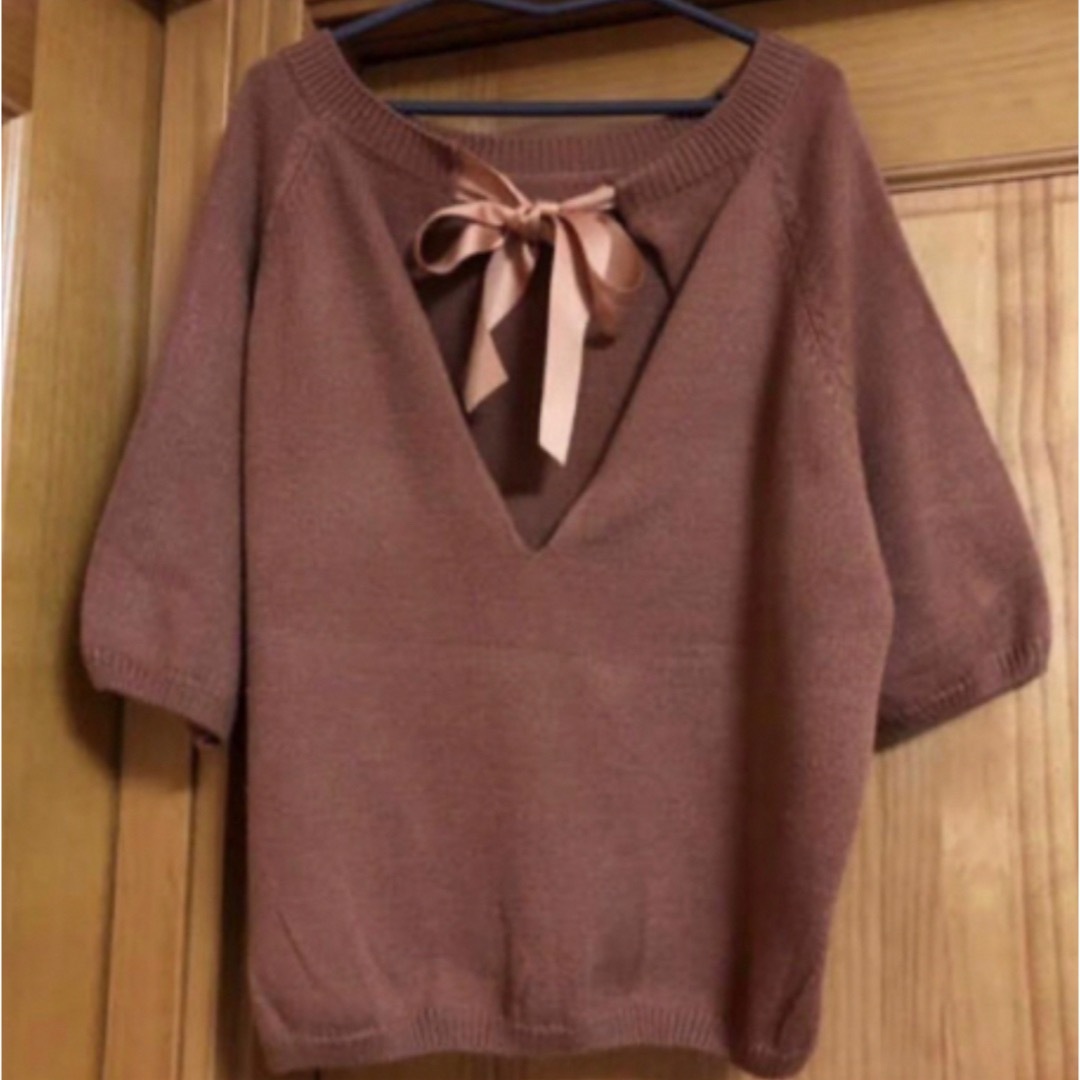 茶色 ブラウン ニット 後ろリボン 七分袖 S TOKYO fashion レディースのトップス(ニット/セーター)の商品写真